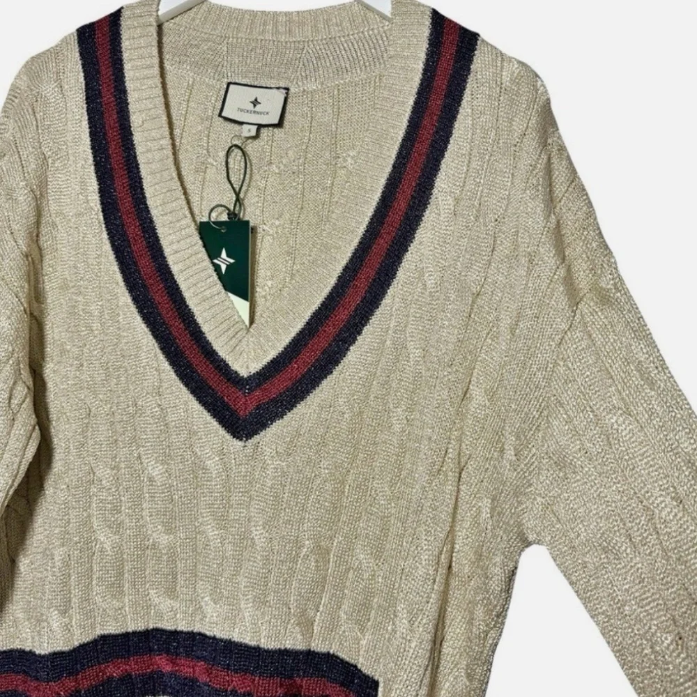 NWT TUCKERNUCK Garnet and Navy Stripe Gold Metallic Morrissey Sweater Size L - Picture 4 of 15